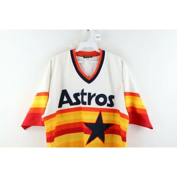 Vintage Majestic Mens Large Striped Houston Astros Spell Out Baseball Jersey USA